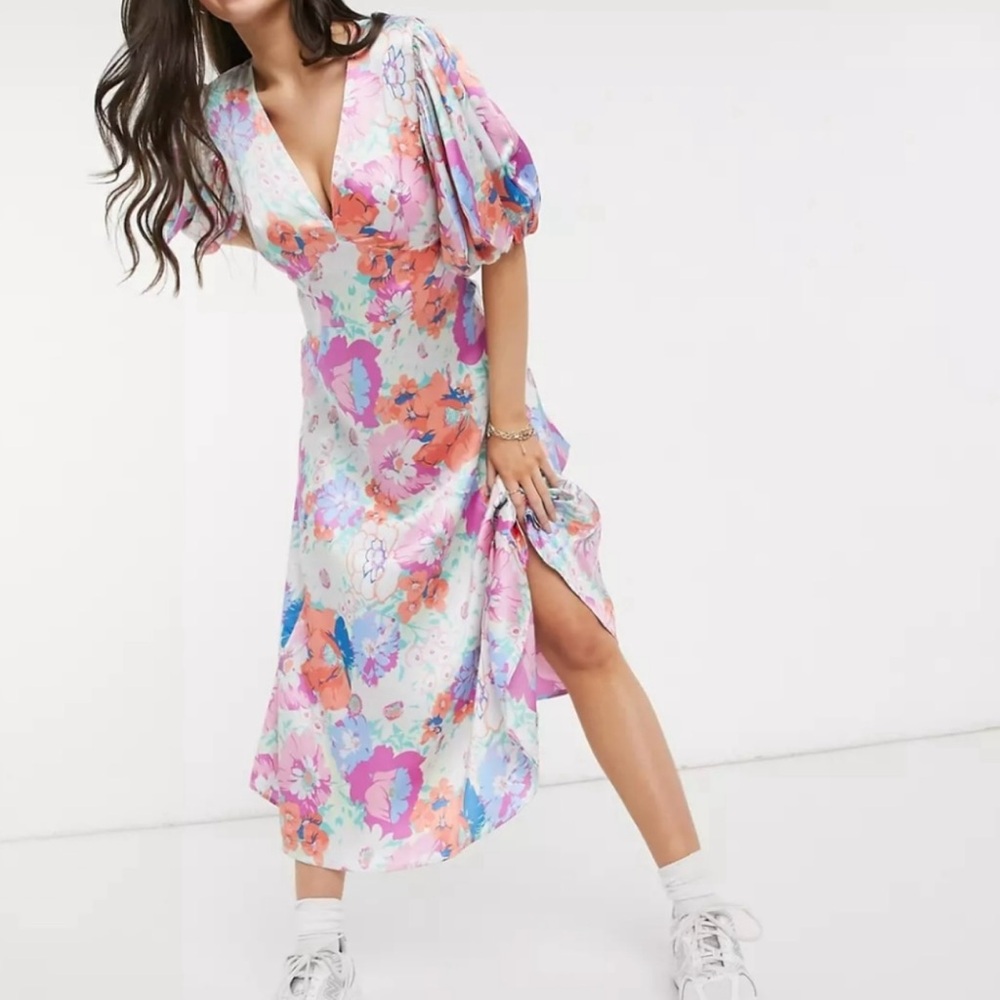 ASOS Floral Balloon Sleeve Satin Dress